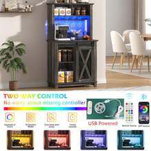 31.5" Farmhouse Coffee & Wine Bar Cabinet With LED Light, Sliding Barn Door & 2 Storage Hutches - 深色鄉村橡木 - 查看 5
