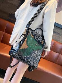 1 Piece Of Women's Backpack, Men's Backpack, Couple's Backpack, Black, Personalized Diamond Inlaid Backpack, Back To School Season College Style Backpack, Cartoon Backpack, Letter Printed Diamond Inlaid Design, Women's Backpack, Shoulder Bag, Handbag, Crossbody Bag, Adjustable And Detachable Shoulder Strap - Black - View 4