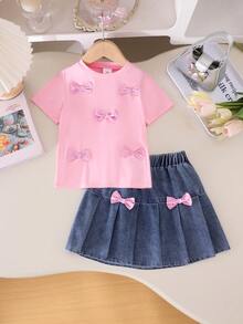 2pcs/Set Toddler Girls' Cute Casual Plaid Bow Round Neck T-Shirt And Denim Skirt Set, Summer - Pink - View 3