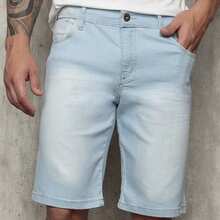 Men's Plain Denim Bermuda Shorts With Elastane - Light Wash - View 1