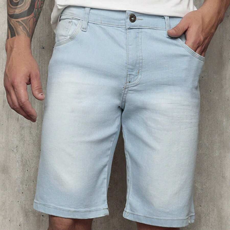 Men's Plain Denim Bermuda Shorts With Elastane - Light Wash - View 1