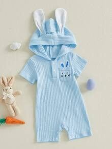 Mono de Pascua para bebé con diseño de orejas de conejo, botones bordados, manga corta y capucha - Azul celeste - Ver 7