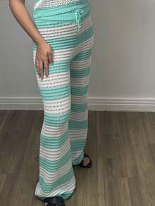 Beach Cover-Up Striped Drawstring Pants Crochet Blogger Luxury Elegant Knit Women's Fashion Summer Casual Beach Vacation - Màu xanh Bạc hà - Xem 2