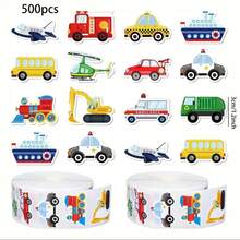 500张/卷 卡通交通工具贴纸，12种图案设计，车辆贴纸 | 派对/感恩节/情人节/生日礼物/新年适用，混合汽车、巴士和飞机图案 | 早教材料 自粘学校活动贴纸 趣味家庭聚会教学辅助用品 耐用卡通用品，礼品贴纸，包含汽车、巴士、卡车和飞机 - 彩色 - 查看 5