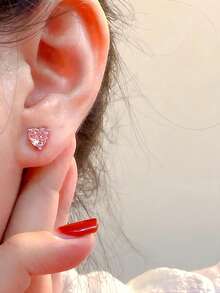 4pcs Sweet Pink Heart Bowknot Earrings Set Bling Zirconia Dangle Drop Studs Cute Y2K Cool Girl Party Daily Jewelry - White Gold-pink - View 2