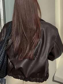 Oversized Collared Zip-Up Jacket Jackets For Women  Long Sleeve Tops Women  Red Blazer Women  Womens Tops  Light Jacket Women  Pink Leather Jacket - 棕色 - 查看 2