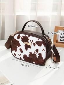 奶牛纹斜挎包，女士手提包，配有可调节肩带和提手，轻便休闲单肩包，适合女孩使用 - 咖啡 - 查看 3