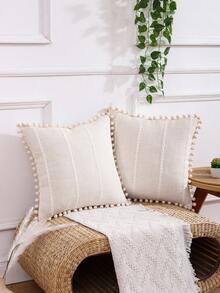 1件/2件装亚麻提花装饰抱枕套，带绒球流苏条纹，适用于客厅沙发家居装饰，米色 - 米色 - 查看 8