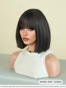 NICKY WALL 女士深棕色波波头假发，短直发，可爱刘海，自然时尚，耐热合成纤维假发，适合女孩日常派对佩戴，12英寸（黑棕色） - 黑棕色 - 查看 5