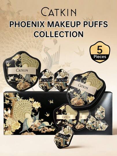  CATKIN 5pcs Phoenix Powder Puff Set - Soft Velvet Double-Layer Jiamicell Material Puff, Suitable For Cushion Foundation And Liquid Foundation, Easy To Blend For Flawless Makeup Base