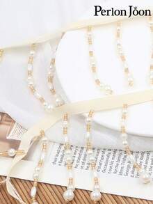 1 件手工缝制珍珠缎带流苏，白色编织缎带，饰有金色珠子，可用于服装装饰和窗帘装饰 - 蕾絲-奶油白色 - 查看 6