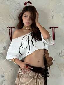 Women's Letter Print Crop Tops Off One Shoulder Short Sleeve Loose Fit T-Shirts Streetwear - 白色 - 查看 2
