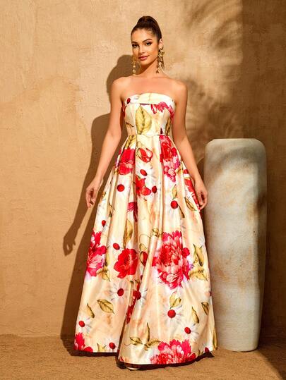 LOVE&LEMONADE Women's Floral Pattern Strapless Waist Asymmetrical Long Formal Party Dress Wedding