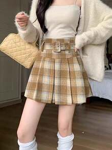Women's Plaid Wool A-Line Mini Skirt, High Waist Pleated Skirt, Autumn/Winter - Khaki - View 1