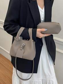 复古女士手提包，多功能斜挎水桶包，独特设计 - 灰色 - 查看 2