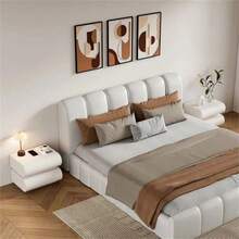 Cream Style Minimalist White Bedside Table, Leather Italian Minimalist Bedroom Solid Wood Bedside Storage Cabinet - 白色 - 查看 7