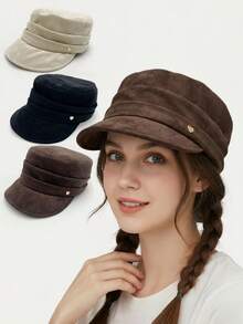 1顶复古心形金属装饰平顶报童帽，仿麂皮褶皱马术帽，艺术家帽 - 彩色 - 查看 12