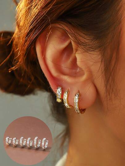 6件套极简奢华锆石耳钉套装，多尺寸全镶锆石组合，法式日常百搭风格，适合通勤、约会、日常百搭配饰，小众极简质感，闪耀夺目，独特设计耳环套装