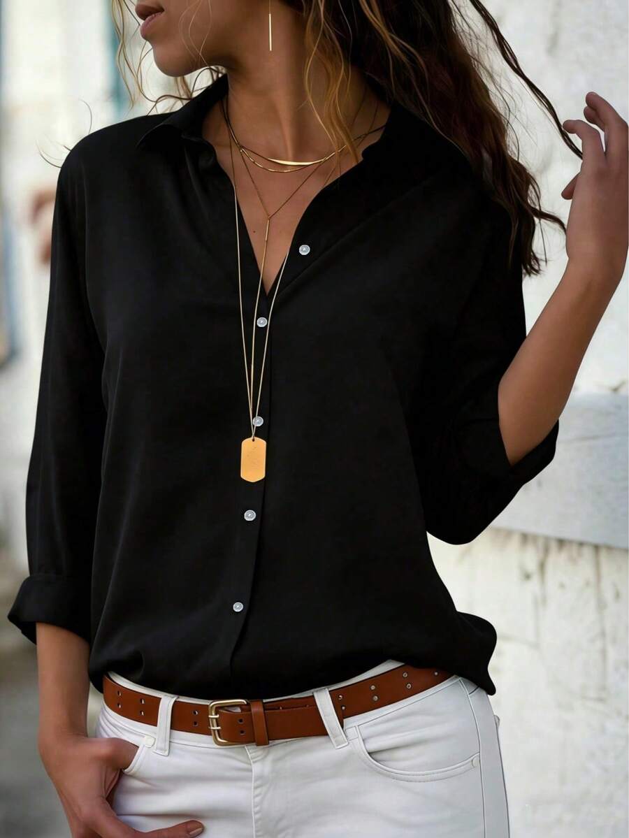 Women's Casual Solid Color Button-Up Long Sleeve Shirt Black Spring