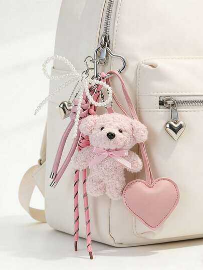 1pc Cute Girl's White Bear Silver Beads Bow Bag Charm, Lovely Heart-Shaped Keychain Pendant, Adorable Teddy Bear Keychain, Creative Gift, Bag Decoration, Kawaii Hanging Ornament, Feminine Design, Beaded Pendant, Fashionable Keychain, Heart-Shaped Pendant, Decorative Keychain, For Women, Gift Shoppers