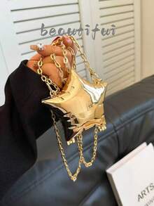 1pc New Mini Metal Pouch, Electroplated Silver Coin Purse, Shiny Avant-Garde Metallic 5-Pointed Star Handbag, Star Chain Crossbody Bag, Asymmetric Handheld Bag, Accessory Pouch, Elegant Coin Purse, Earphone Case , Wedding - Gold - View 1