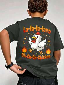 Tween Boy 3D Cartoon Flame Pixel Square Chick Pattern T-Shirt, Printed With "La-La-Lava" Cartoon Chicken Graphic T-Shirt, Fashion Boys Summer Top - Dark Grey - View 5