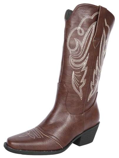 女士西部牛仔靴，新款欧美西部风格，饰以传统刺绣，假日休闲方头低跟靴底，防滑耐磨，不易疲劳，适合牧场文化牛仔派对和街头文化时尚日常节日穿着。