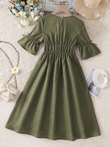 Left Mama Girls' Elegant Minimalist Sleeveless Dress, Suitable For Daily Wear And Ramadan Holidays, Summer - Army Green - View 3