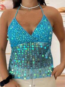 Women's Halter Neck Vest Summer Sleeveless Open Back Slim Fit Tie Up Sequins Tank Tops - 藍色 - 查看 1