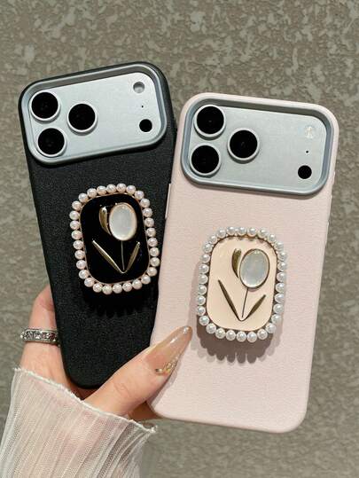 French Girly Style Gentle And Exquisite Leather-Like Texture Phone Case, Pink Leather Texture Phone Case, Removable Silver Lens Frame + Pink Tulip Stand Decoration With Pearl Trim. Featuring A Girly, Gentle, Exquisite And Minimalist Style, Suitable For Valentine's Day And Chinese New Year Gifts, Shockproof, Anti-Slip, Scratch-Resistant - Compatible With IPhone 17/17 Air/17 Pro/17 Pro Max, Works With 16/15