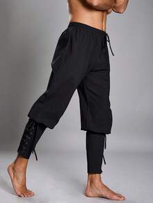 Men's Vintage Medieval Lace Up Pants, Viking Pirate Style Tapered Ankle Linen Costume Trousers For Themed Parties & Reenactments - 黑色 - 查看 6
