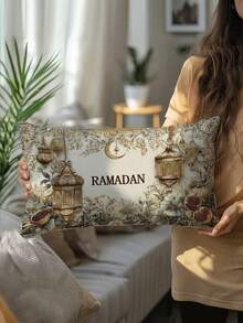 1/2/4件装单面印花枕套，斋月复古植物灯笼图案枕套，家居装饰枕套，适用于客厅、沙发、卧室，不含枕芯 - 棕色 - 查看 5