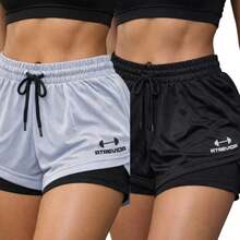 Kit Of 2 Women's Double Shorts 2 In 1 With Hidden Pocket For Cell Phone, For Sports, Gym, Crossfit, Running. - Đen + Trắng - Xem 1