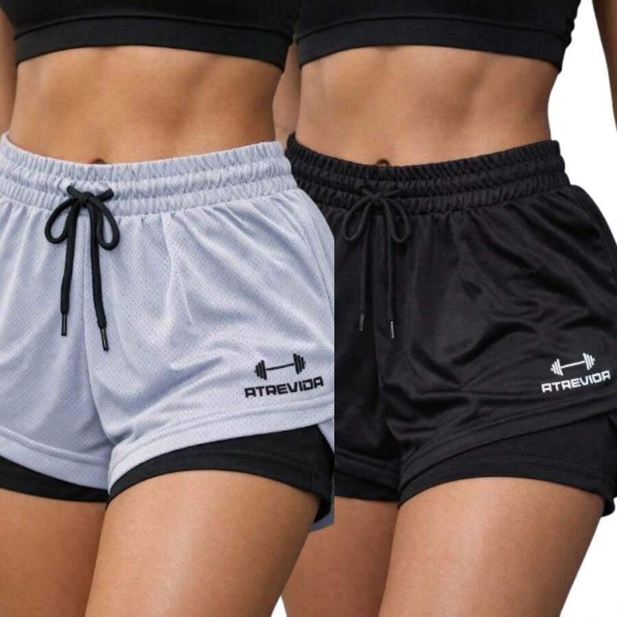 Kit Of 2 Women's Double Shorts 2 In 1 With Hidden Pocket For Cell Phone, For Sports, Gym, Crossfit, Running. - Đen + Trắng - Xem 1