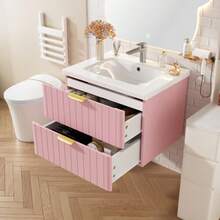 Wall-Hung Vanity Unit With One Basin And Double Storage, Made Of Water-Resistant MDF, Stain-Resistant Ceramic Basin, Melamine Surface Without Lacquer, Space-Saving, Pink