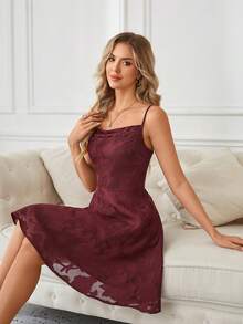 Wine Red Jacquard A-Line Elegant Spaghetti Strap Mini Dress Wedding - Red - View 4