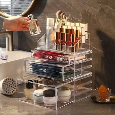 1个亚克力化妆品收纳盒，透明塑料材质，适用于梳妆台的化妆品收纳盒，护肤品收纳盒，口红和面膜收纳盒