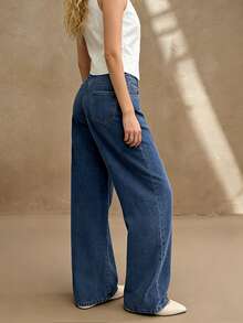 Jeans de pierna recta para mujer, cintura con botón asimétrico, estilo casual largo, sin estiramiento - Azul lavado oscuro - Ver 3