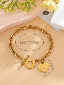 1pc Women's Stainless Steel Classic Engraved Heart Shaped Lips Chain Ot Clasp Titanium Steel Bracelet Valentines,Mom,Mother,Mother's Day,Gift - Gold - View 3