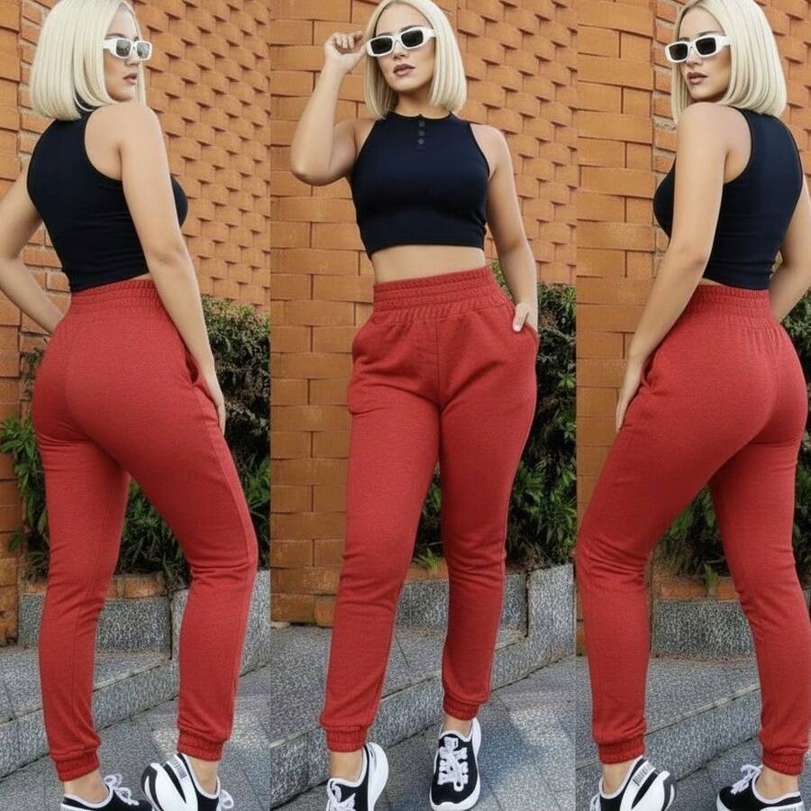 Women's Thick Jogger Sweatpants With High Waist - Red - View 1