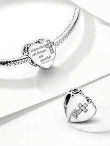 1pc Skull & Heart Brave Fearless Beaded Pendant Charm, Suitable For DIY Women Jewelry Bracelet - Silver - View 5