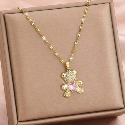 1 Pc Girls Exquisite Cute Pink Heart Cubic Zirconia Bear Pendant Necklace For Kids For Party Banquet For Daily Wearing Gold Jewelry Accessory Gift