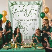 Lucky In Love Bachelorette Backdrop Banner, St Patricks Day Cocktail Party Decor, Lucky Bridal Shower Backdrop, Bach Photo Booth, St Pattys Party, Versatile Home & Wall Decor, Holiday Party Decor, Festive Atmosphere, Durable Party Banner - màu xanh lá - Xem 4