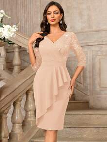 MIUSOL Classic V-Neck Sequin Floral Lace Contrast Ruffle Hem 3/4 Sleeve Bodycon Cocktail Dress Wedding Spring Party - Champagne - View 4