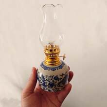 1 件复古可调节陶瓷油灯，户外油灯，金色色调调节，透明防风罩，适用于家居装饰、桌面装饰、节日礼物 - 藍色 - 查看 7