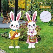 2 piezas/Set Decoración de Pascua para el jardín, Pareja de Conejos 2 piezas Decoración de Pie, Decoración de Escena Exterior de Conejos de Dibujos Animados y Huevos para Fiesta, Primavera Jardín Césped - Multicolor - Ver 5