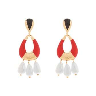1 par de pendientes de metal y perla con diseño geométrico de color bloque, estilo retro europeo y americano, en color negro y rojo