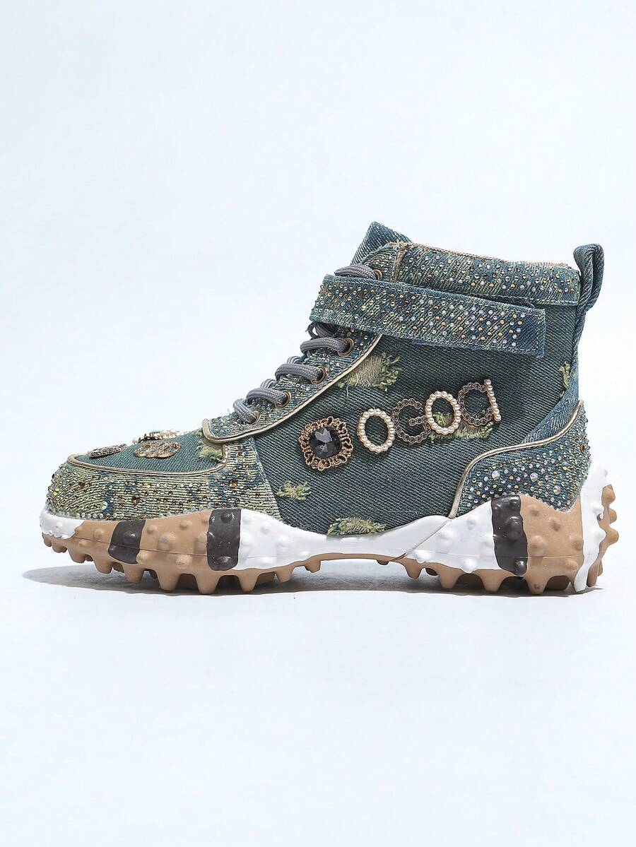 Giày thể thao cao cổ denim bóng cho nữ, hàng mới về mùa xuân/hè, dây giày màu hồng, đế dày đính pha lê chất lượng cao, mặt dây chuyền hình trái tim bằng denim rách, giày thể thao đường phố chống trượt, thích hợp cho tiệc tùng, câu lạc bộ, nhẹ và thoáng khí. - Màu xanh Ô liu - Xem 1