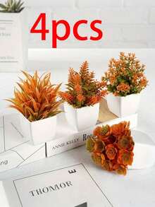 4盆/2盆/1盆迷你仿真花卉植物，盆栽仿真小植物，家居办公桌装饰，厨房绿植，秋季餐桌摆件，乡村风格房间装饰，咖啡桌装饰，适合秋季、万圣节、圣诞节（橙色） - 彩色 - 查看 12