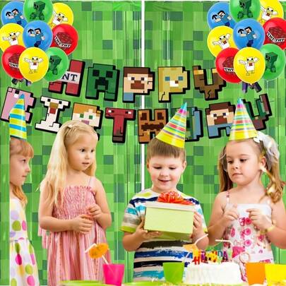 21pcs Curtain Mosaic Pixel Backdrop, Tassel Curtain, Pull Rope, Balloon, Game Theme Birthday Party Decorations